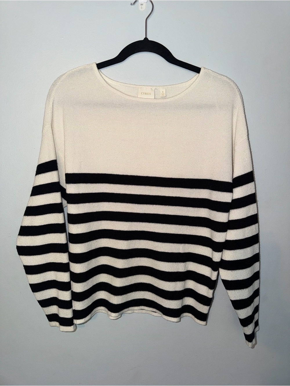 Cyrus Black and Cream Striped Crew Neck Sweater